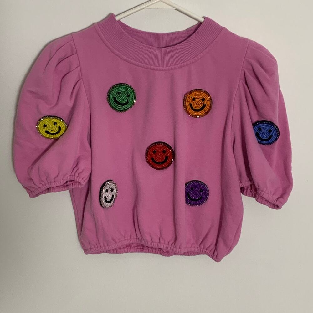 Queen of Sparkles 3D Beaded Smiley Poof Bubble Crop Top pink‎ small